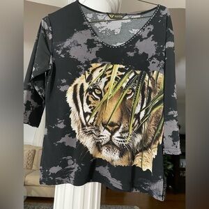 Valentina women’s black/ multi color 3/4 sleeve Animal print with details top
